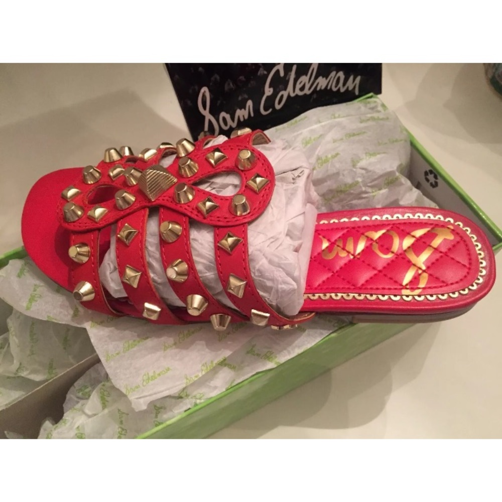 New Sam Edelman LEATHER studded slide sandals Sz 6 red - Picture 4 of 6